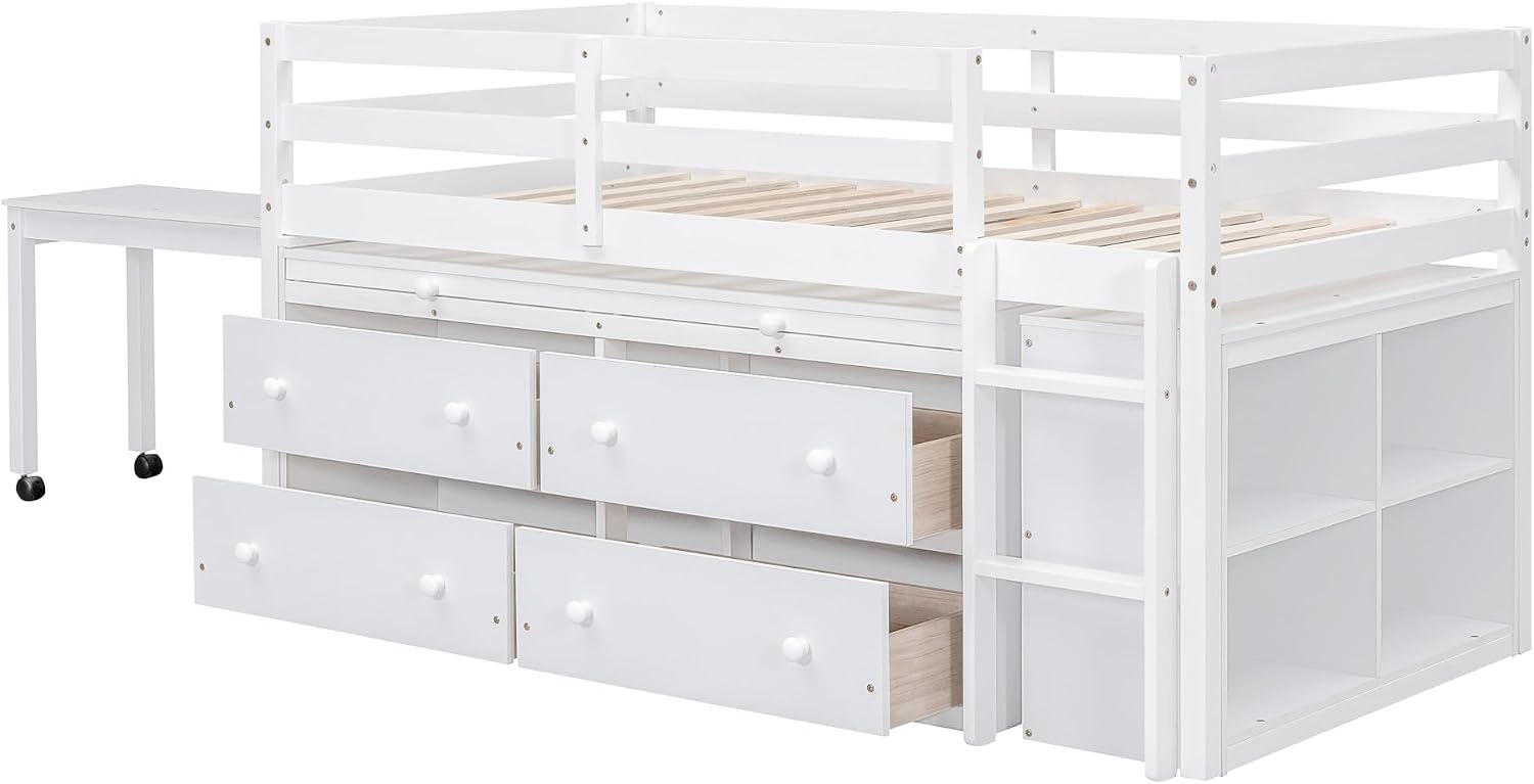 JIVOIT Twin Size Low Loft Bed with Retractable Writing Desk, Storage Bed with 4 Drawers and Shelves, Wooden Loft Bed with Lateral Portable Desk for Kids Teens Adults Bedroom (White,Twin,9)