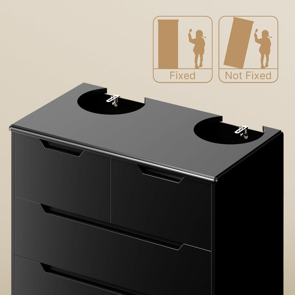 Gizoon 6 Drawer Dresser, Chest of Drawers with Large Storage, Black Dressers for Bedroom, Tall Dresser and Organizer with Anti-Tripping, Wooden Cabinet for Office, Living Room, Entryway