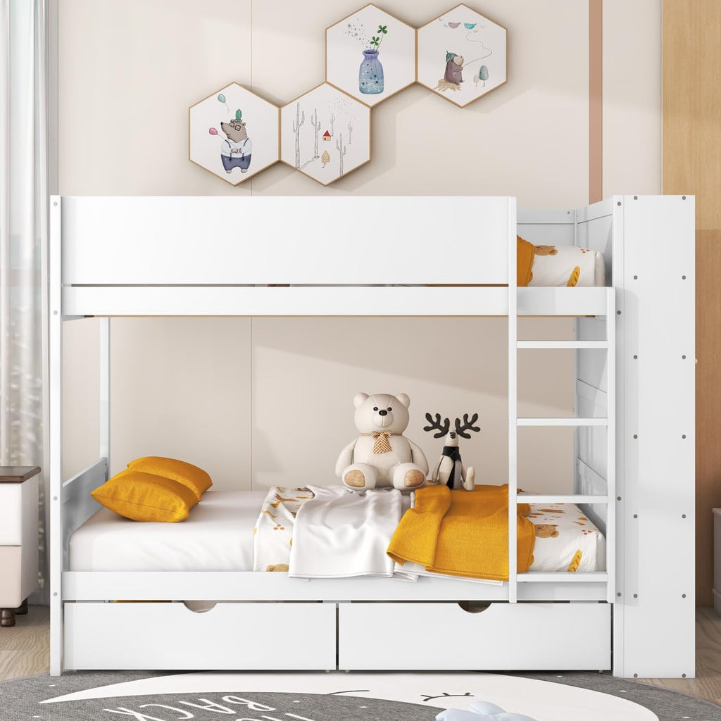 Full Over Full Bunk Bed with Bookcase and Drawers,Wooden All-in-one Furniture Set with Multi-Layer Cabinet for Kids Girls Boys-White