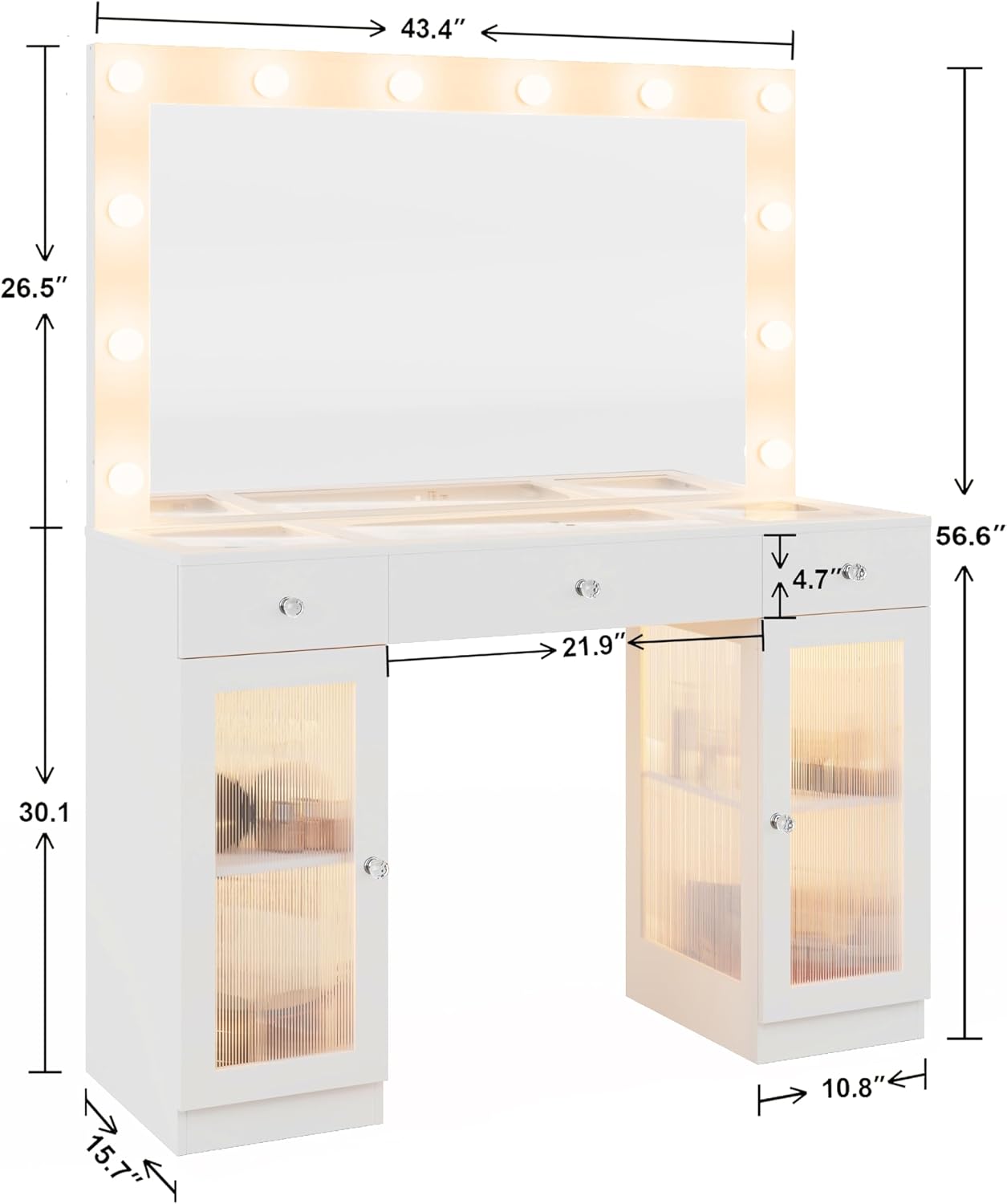 IFSEB Vanity Desk with Large Mirror and Lights, Glass Top Makeup Vanity with Lights & Power Outlet for Bedroom, 3 Color Lighting Modes, White Dressing Table for Women