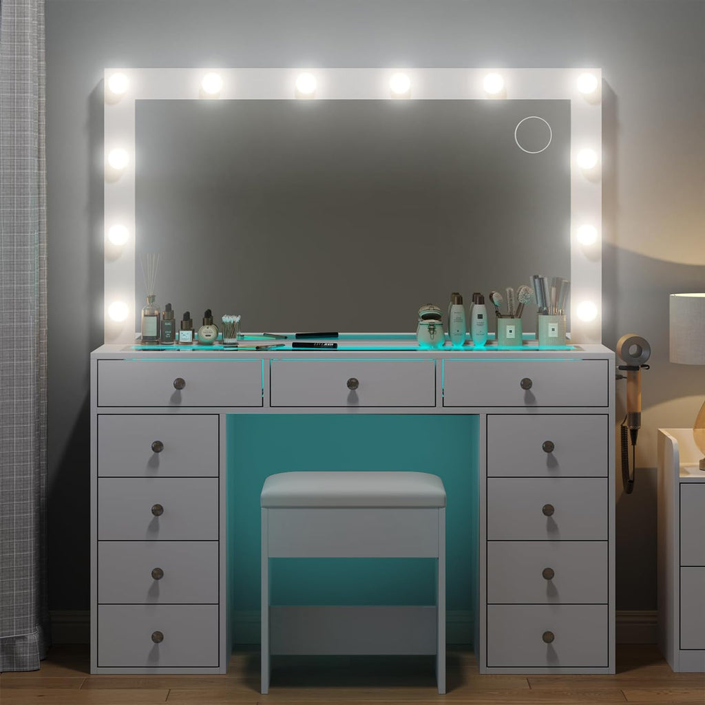 Makeup Vanity Desk with RGB Lights and Large 47.2'' Mirror, 11 Drawers Makeup Vanity with Lighted Mirror, 3 Color Option, Brightness Adjustable, Make Up Vanity with Charging Station Woman, White