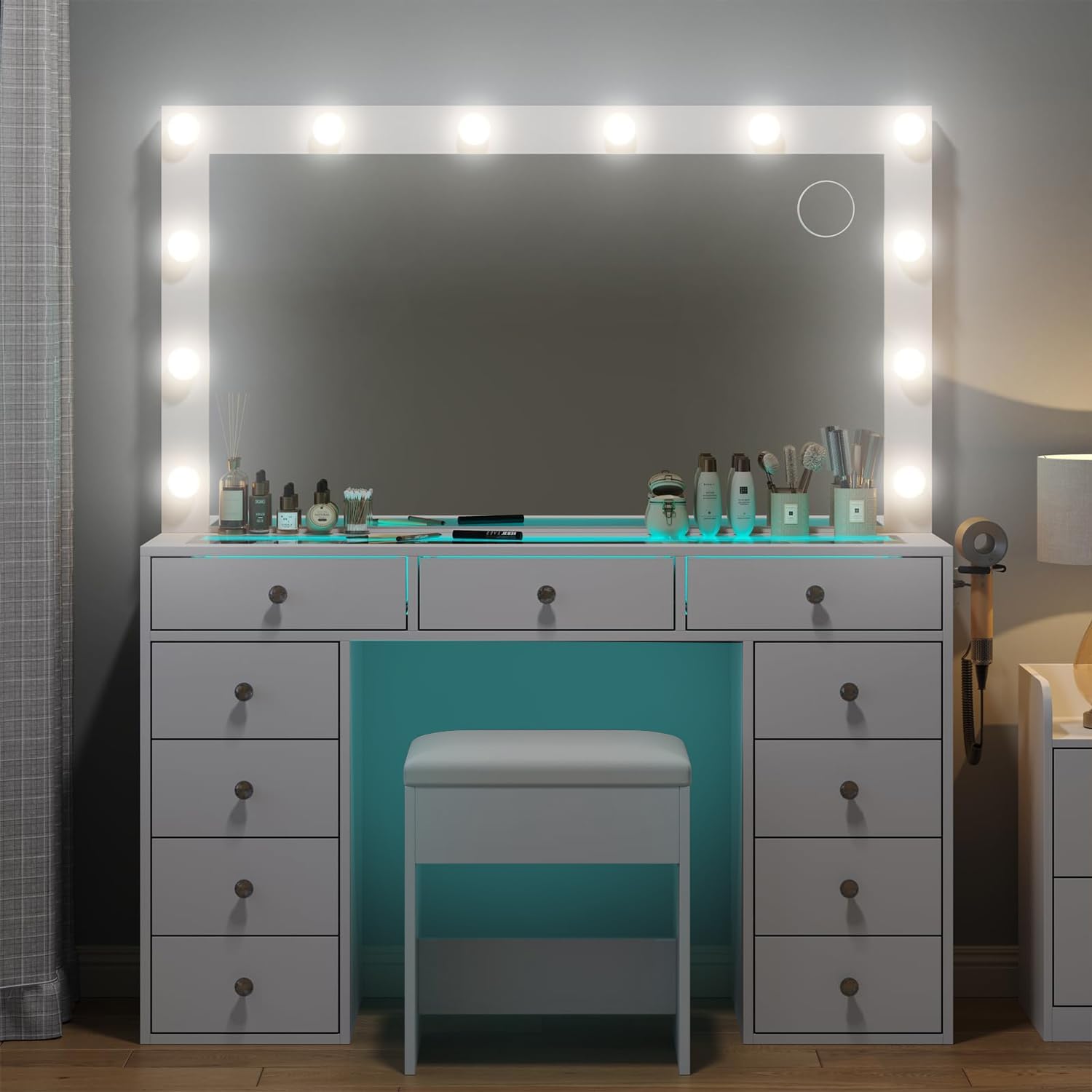 Makeup Vanity Desk with RGB Lights and Large 47.2'' Mirror, 11 Drawers Makeup Vanity with Lighted Mirror, 3 Color Option, Brightness Adjustable, Make Up Vanity with Charging Station Woman, White