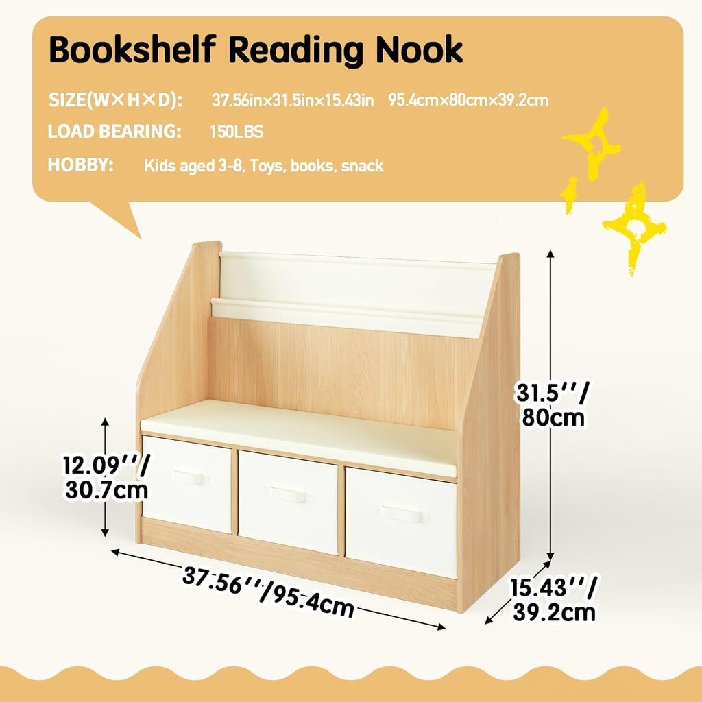 Kids Reading Nook and Storage Organizer - Large Book Storage with 3 Drawer Bench 3 Tier Book Sling, Bag Hook Perfect Book Nook for Ages 3-12 Chirstmas Gift