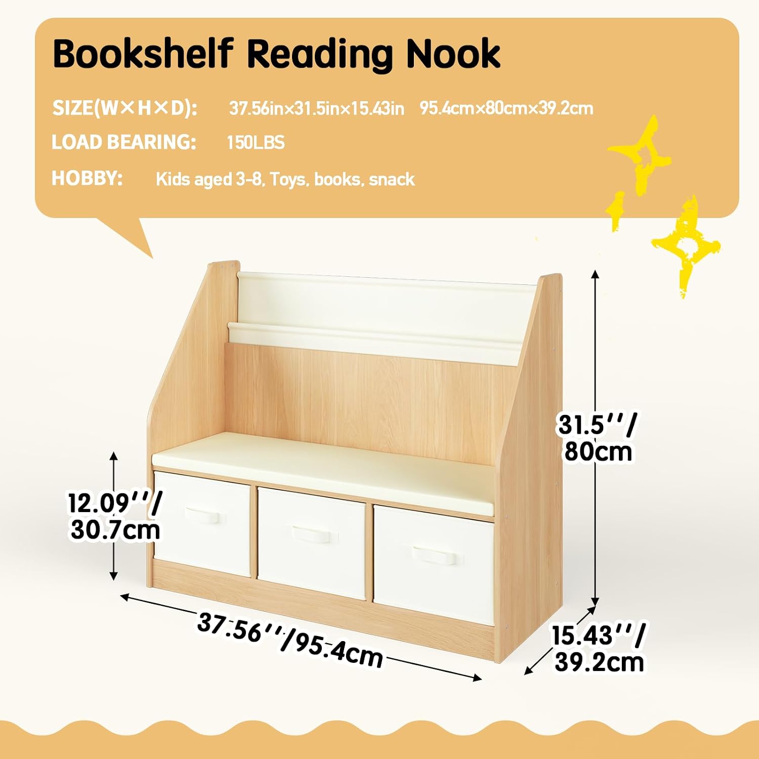 Kids Reading Nook and Storage Organizer - Large Book Storage with 3 Drawer Bench 3 Tier Book Sling, Bag Hook Perfect Book Nook for Ages 3-12 Chirstmas Gift