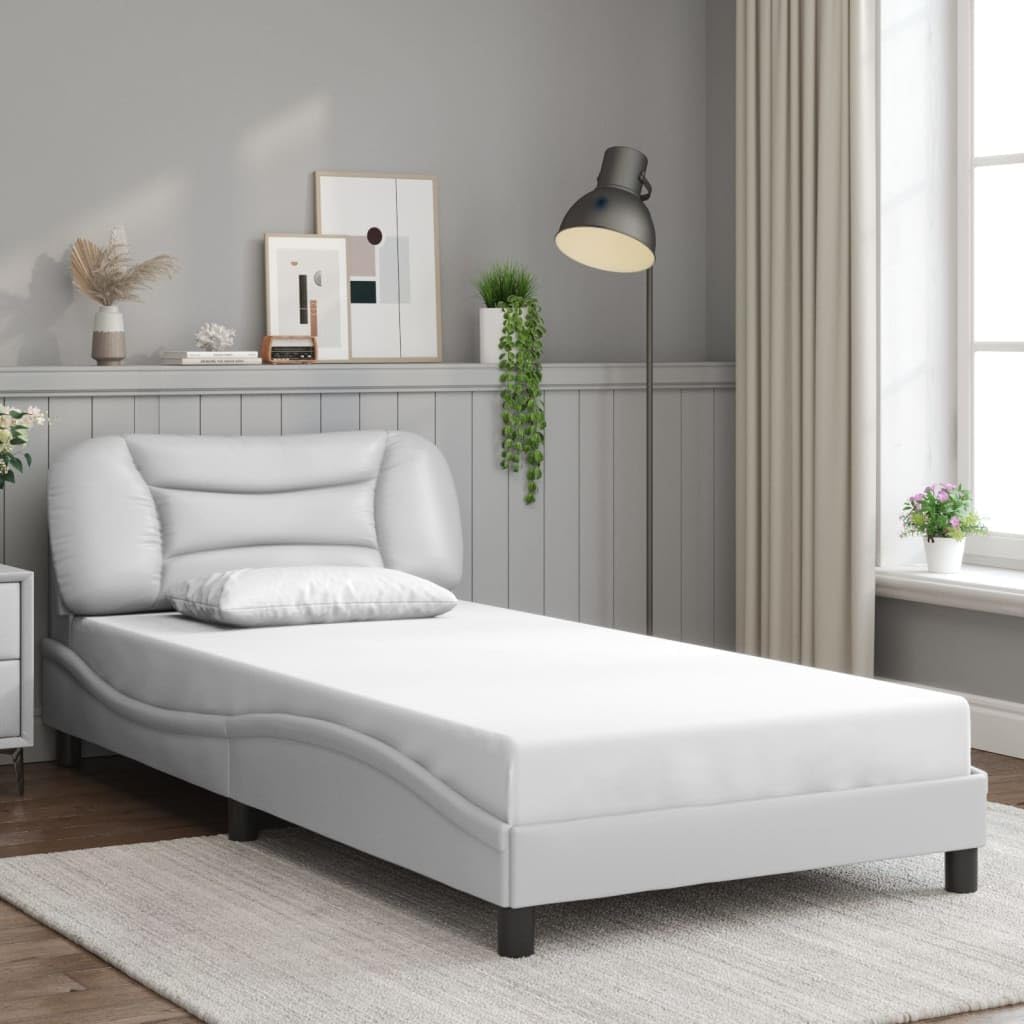 Modern White Faux Leather Bed Frame 41.3 x 81.9 x 29.3 in with Padded Headboard and Under-Bed Storage, Rectangular Platform Bedframe for Bedroom, Easy Assembly