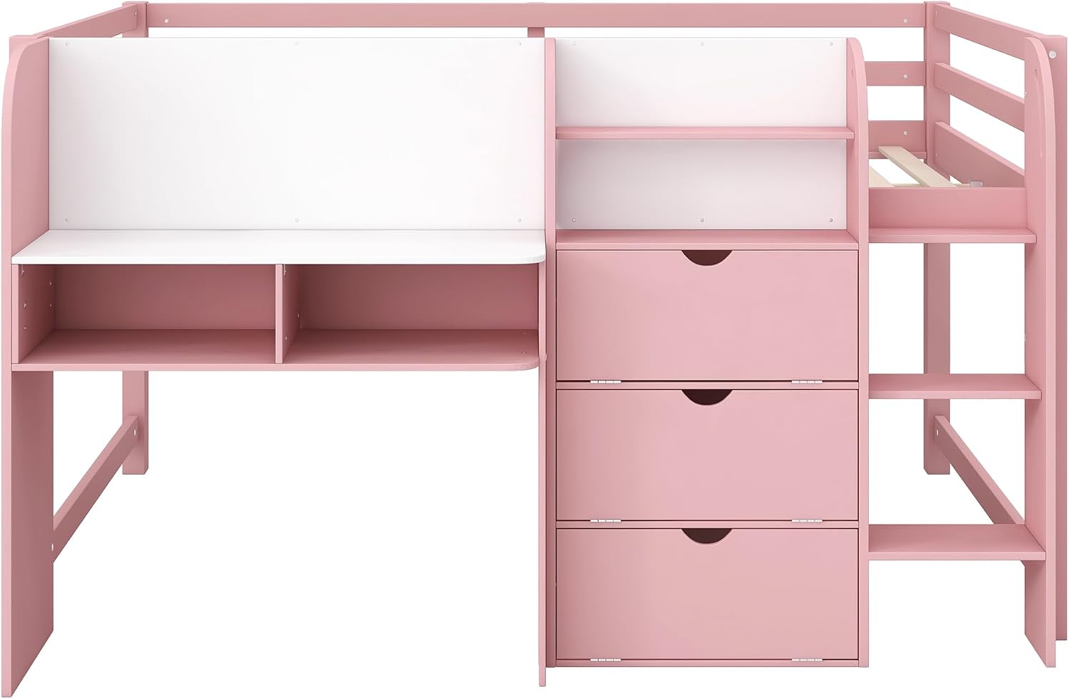 JIVOIT Full Size Loft Bed with Built-in Desk, Wooden Low Loft Bed with Storage Cabinets and Open Bookcase, Whiteboard for Graffiti, Safety Guardrail & Ladder, Easy Assembly (Pink//57)
