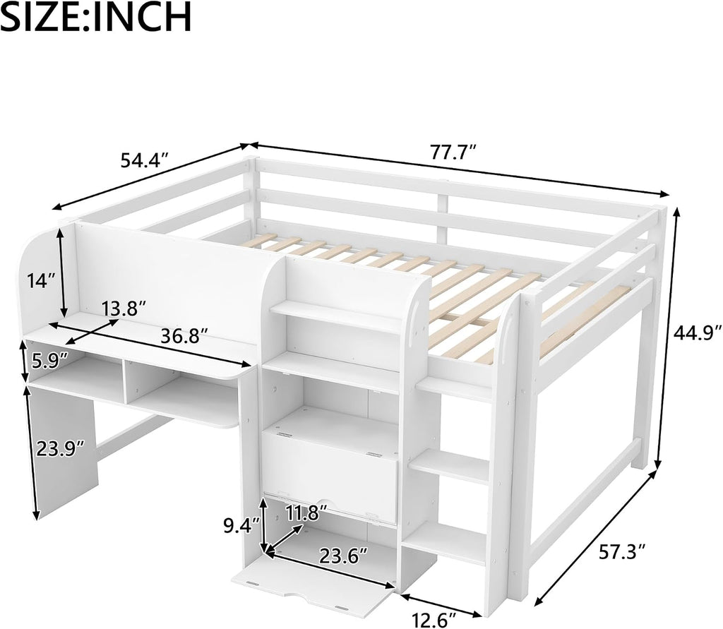 JIVOIT Full Size Loft Bed with Built-in Desk, Wooden Low Loft Bed with Storage Cabinets and Open Bookcase, Whiteboard for Graffiti, Safety Guardrail & Ladder, Easy Assembly (White//57)