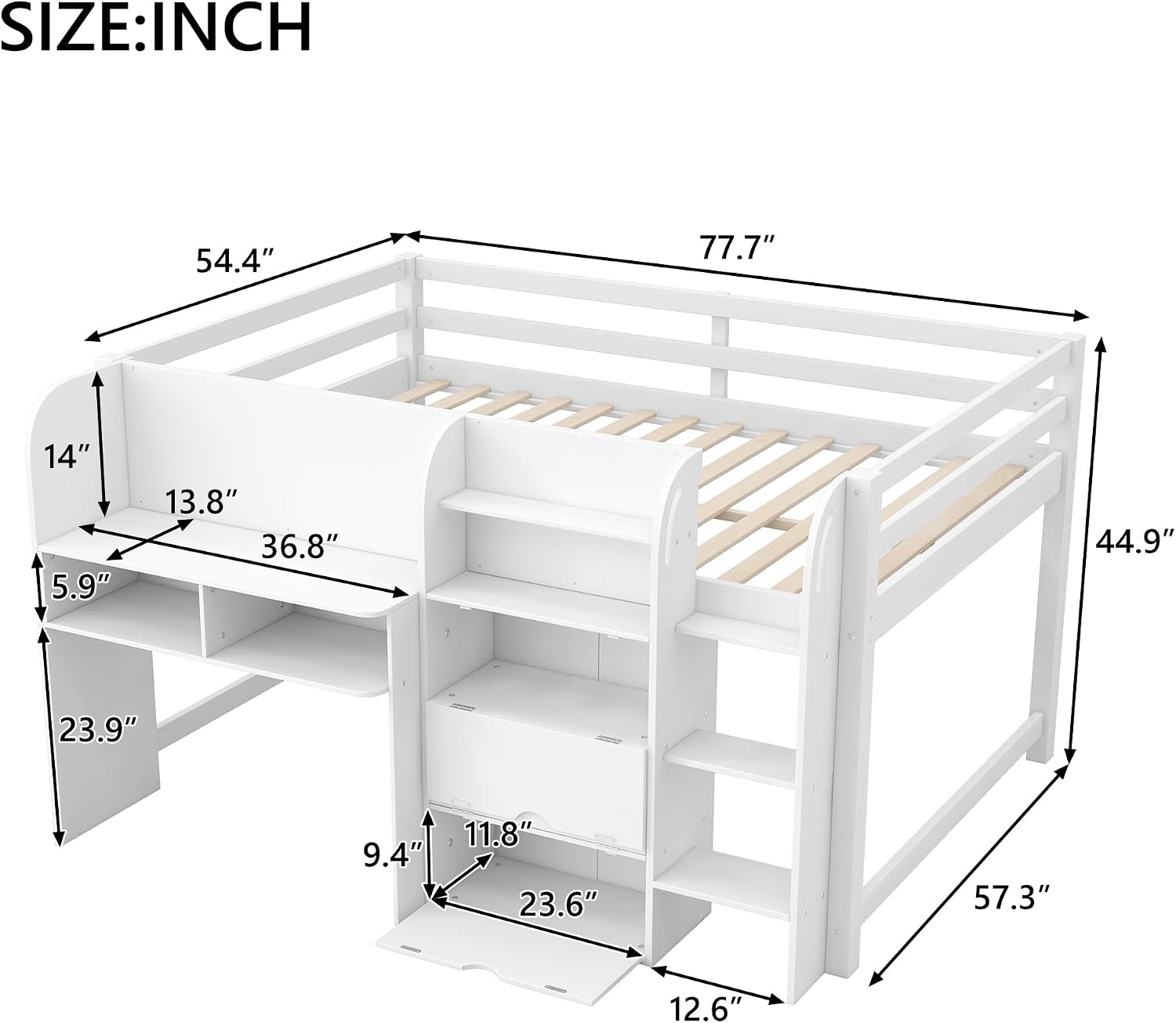 JIVOIT Full Size Loft Bed with Built-in Desk, Wooden Low Loft Bed with Storage Cabinets and Open Bookcase, Whiteboard for Graffiti, Safety Guardrail & Ladder, Easy Assembly (White//57)