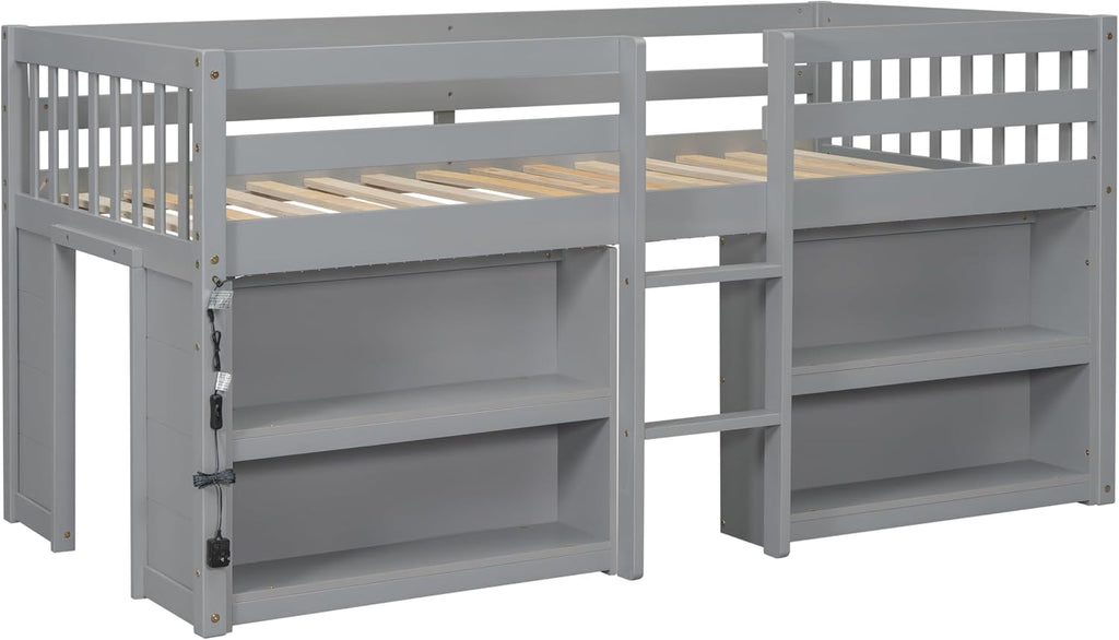 Twin Size Low Loft Bed with Two-Tier Shelves, Multifunction Wood Loft Bed Frame with Built-in Stairs, Storage Underneath, Sturdy Slats Support, Space Saving Loft Bed for Kids Boys Girls (Gray * 01)