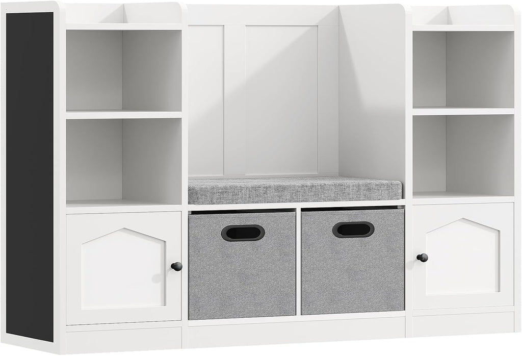Toy Organizer and Storage, Kids Bookshelf with Seat Cushion and Chalkboard, 2 Movable Drawers, Toy Storage Box with Stuffed Animal Storage Cabinet for Kids Room, Playroom, White and Black