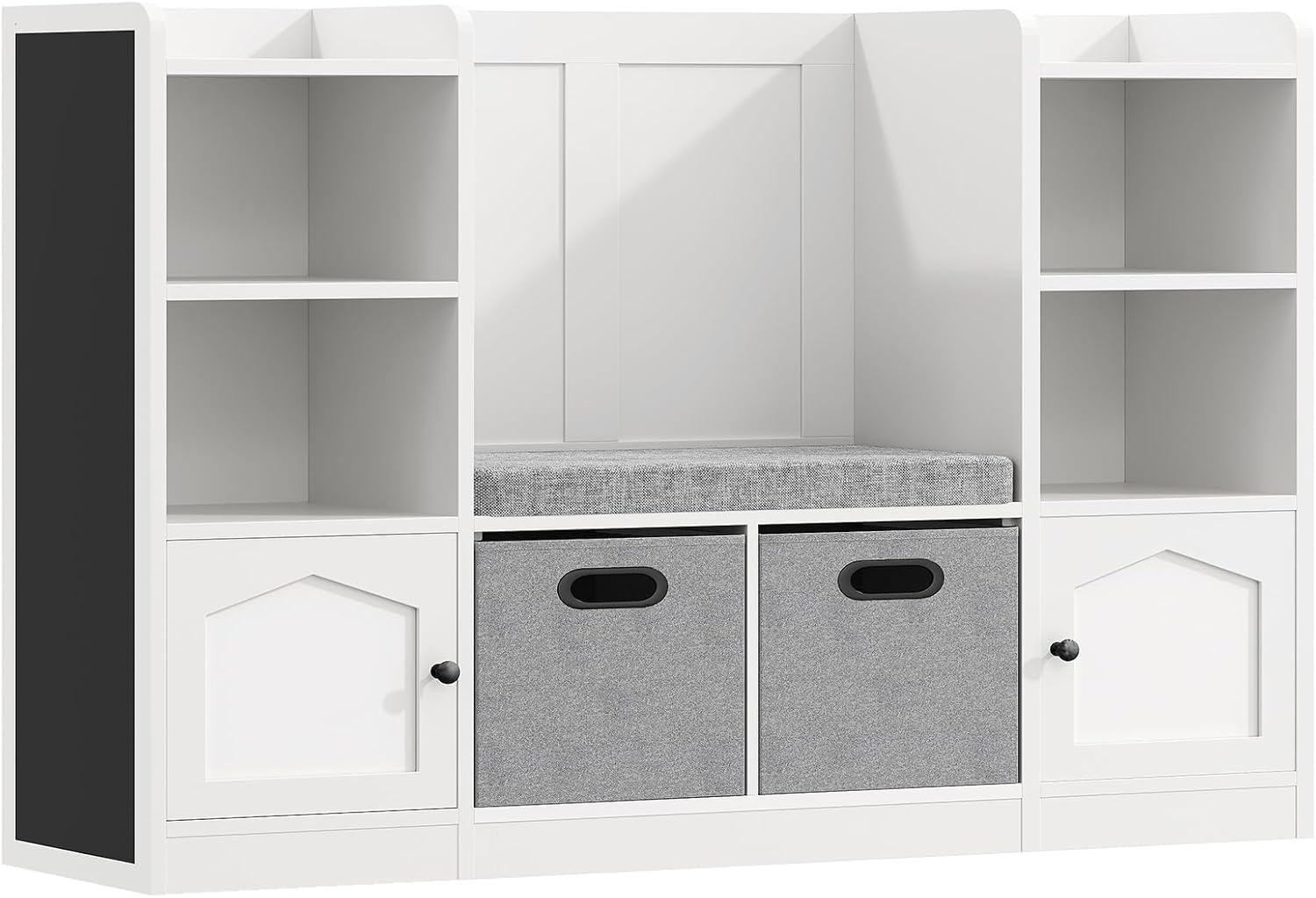 Toy Organizer and Storage, Kids Bookshelf with Seat Cushion and Chalkboard, 2 Movable Drawers, Toy Storage Box with Stuffed Animal Storage Cabinet for Kids Room, Playroom, White and Black