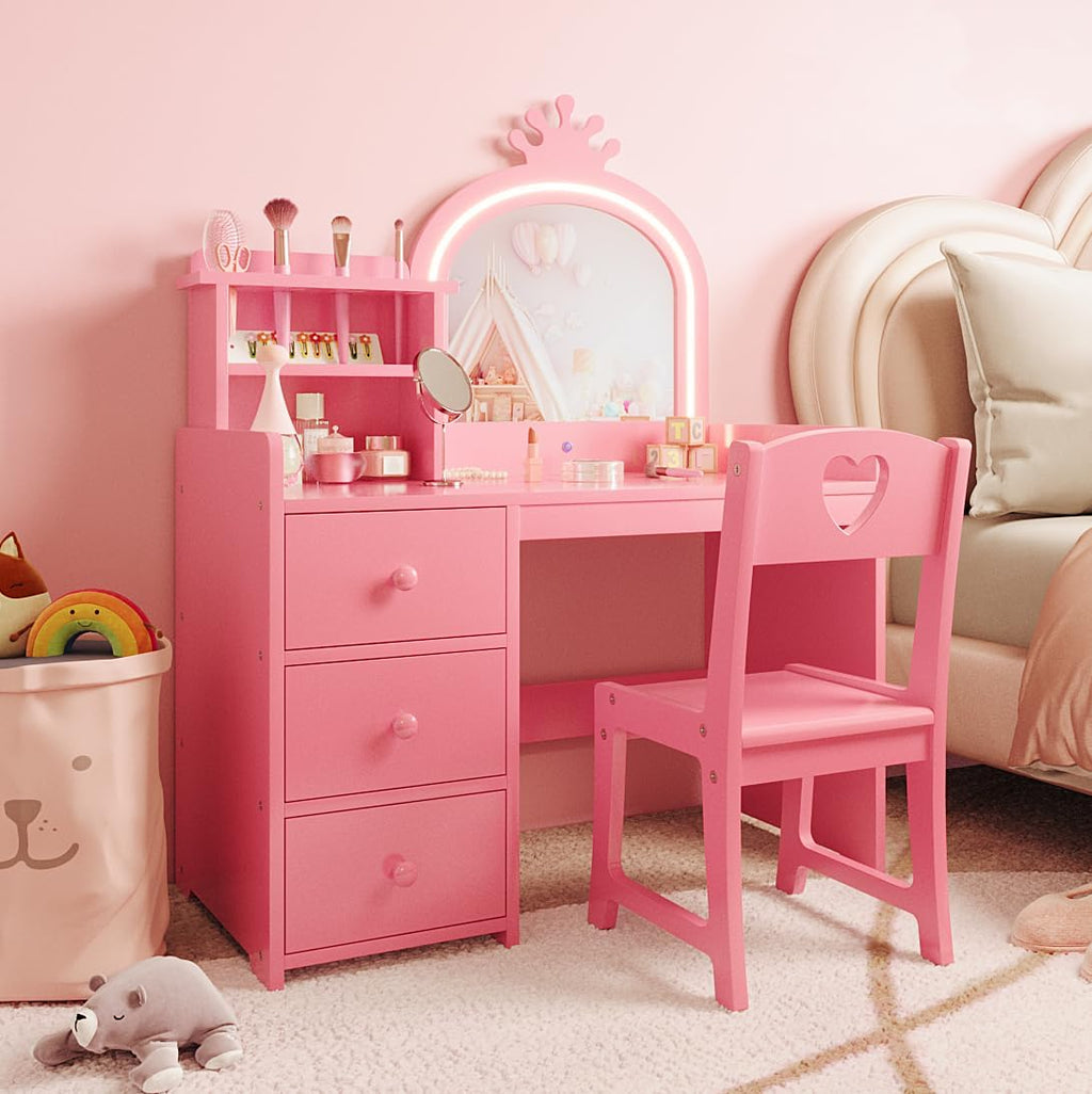 Garvee Kids Vanity with Lights, 2 in-1 Wooden Toddler Vanity Table with Stool & Drawer,Princess Pretend Play Makeup Vanity Princess Makeup Desk Dressing Table for Little Girls,Christmas Birthday Gift