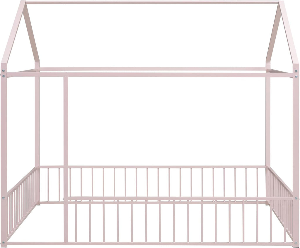 Merax Full Size Metal House Bed Frame with Fence for Kids,Teens,Girls,Boys,Semi-Enclosed Cabin Floor Bed for Bedroom,Pink