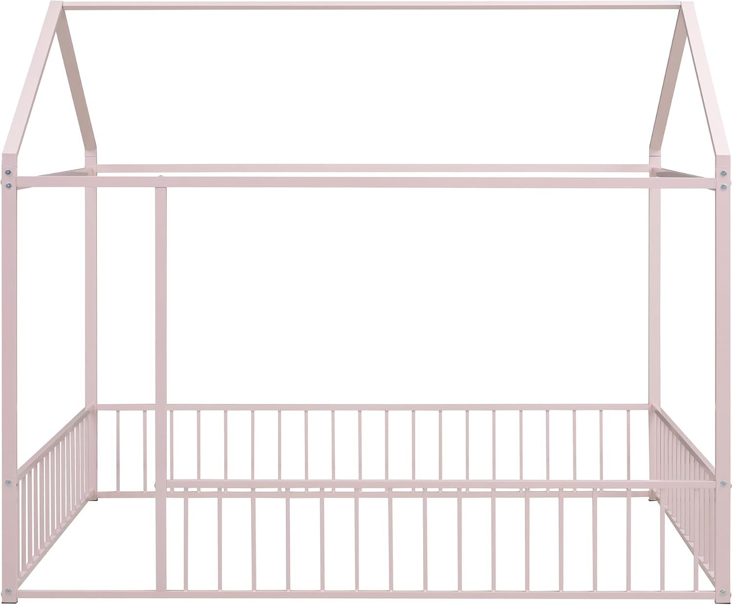 Merax Full Size Metal House Bed Frame with Fence for Kids,Teens,Girls,Boys,Semi-Enclosed Cabin Floor Bed for Bedroom,Pink