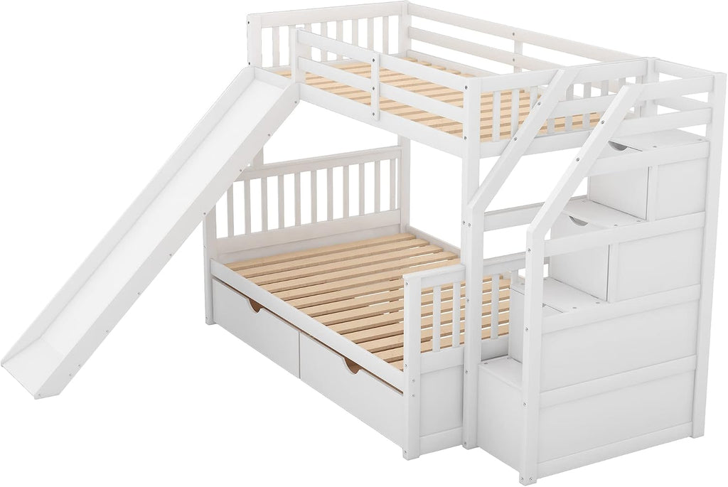 SOFTSEA Twin Over Full Bunk Bed with Staircase and Slide Storage Solid Wood Bunk Beds with Storage Drawers for Kids, No Box Spring Needed