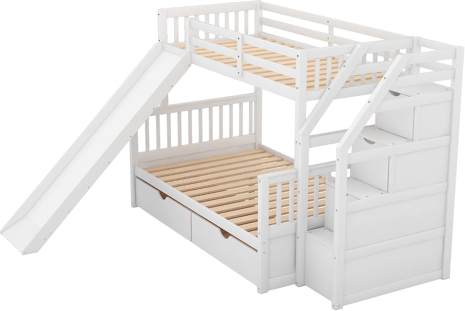 SOFTSEA Twin Over Full Bunk Bed with Staircase and Slide Storage Solid Wood Bunk Beds with Storage Drawers for Kids, No Box Spring Needed