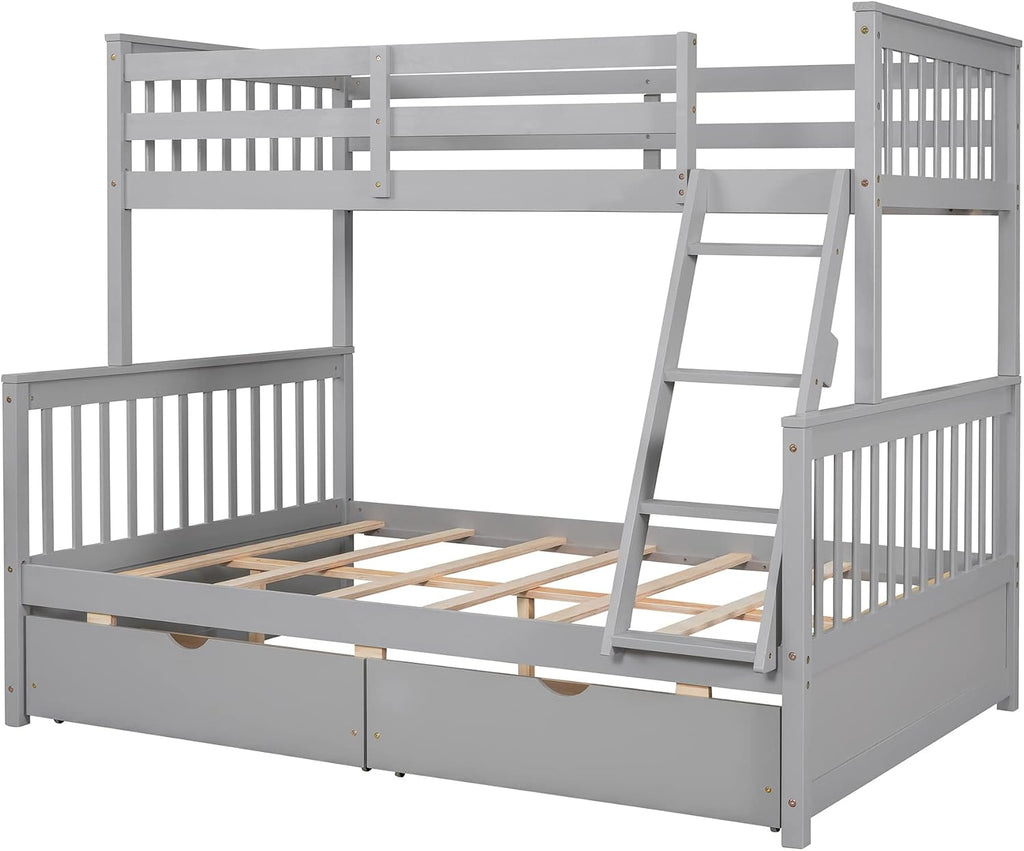 Twin Over Full Bunk Bed with Two Storage Drawers, Solid Wood Bunk Bed Frame Can be Converted Into 2 Separate Beds, Bedroom Furniture Bunk Bed with Ladders for Kids Teens Adults (Gray)