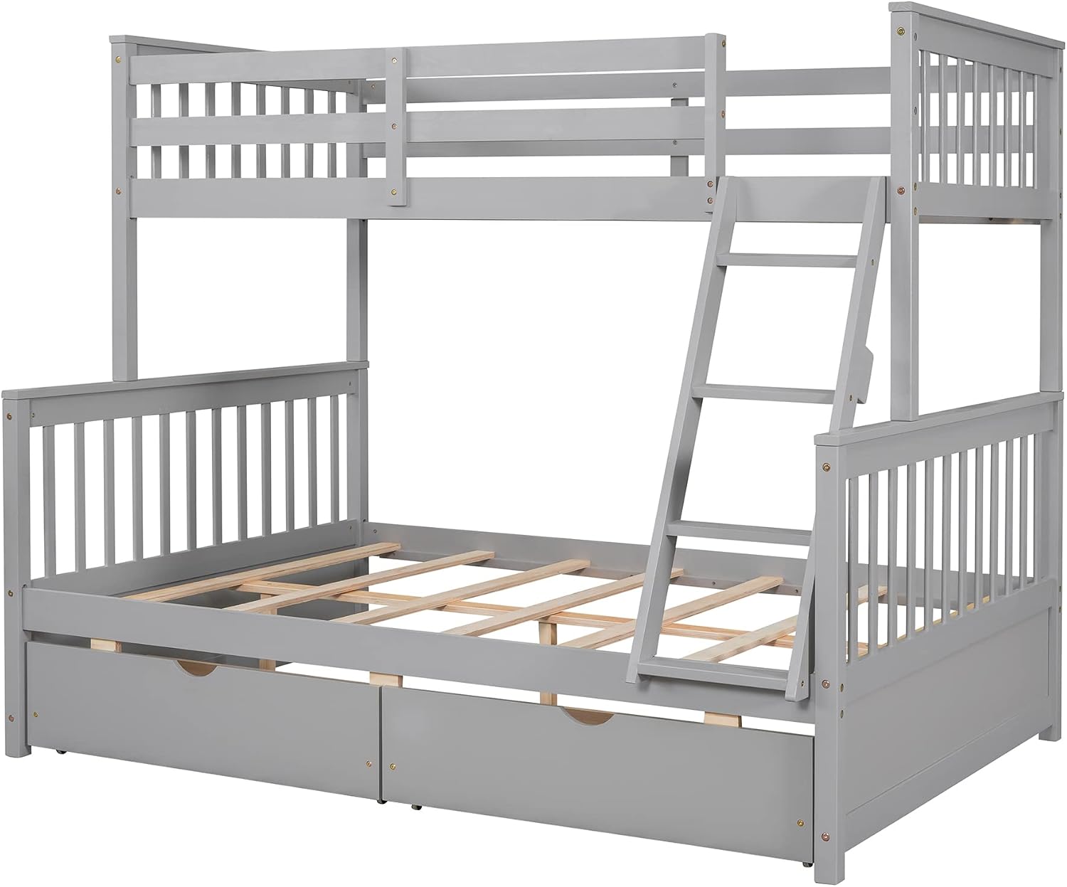 Twin Over Full Bunk Bed with Two Storage Drawers, Solid Wood Bunk Bed Frame Can be Converted Into 2 Separate Beds, Bedroom Furniture Bunk Bed with Ladders for Kids Teens Adults (Gray)