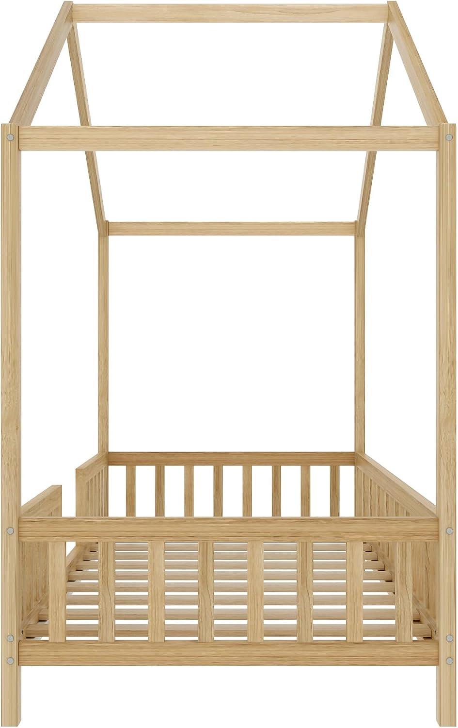 Twin Size House-Shape Bed with Canopy and High Railings, Wood Kids Bed Frame with Roof (Natural, Twin)
