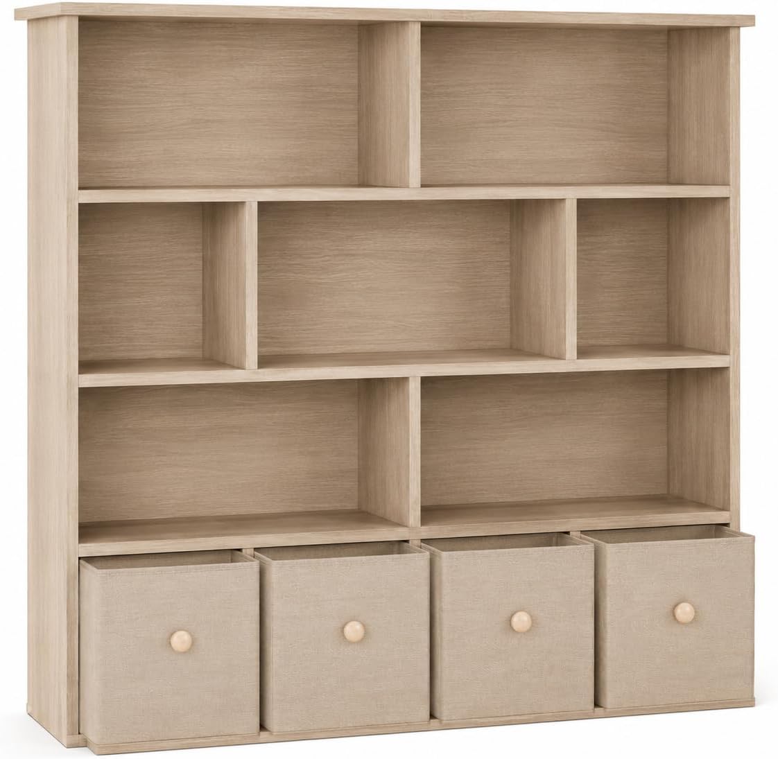 EROMMY 47' H Toy Storage Organizer and Bookcase, Toy Storage with 7 Storage Cubbies & 4 Foldable Drawers, Kids Book Shelf with Anti-tip Design, Modern Kids Furniture for Playroom, Bedroom, Natural