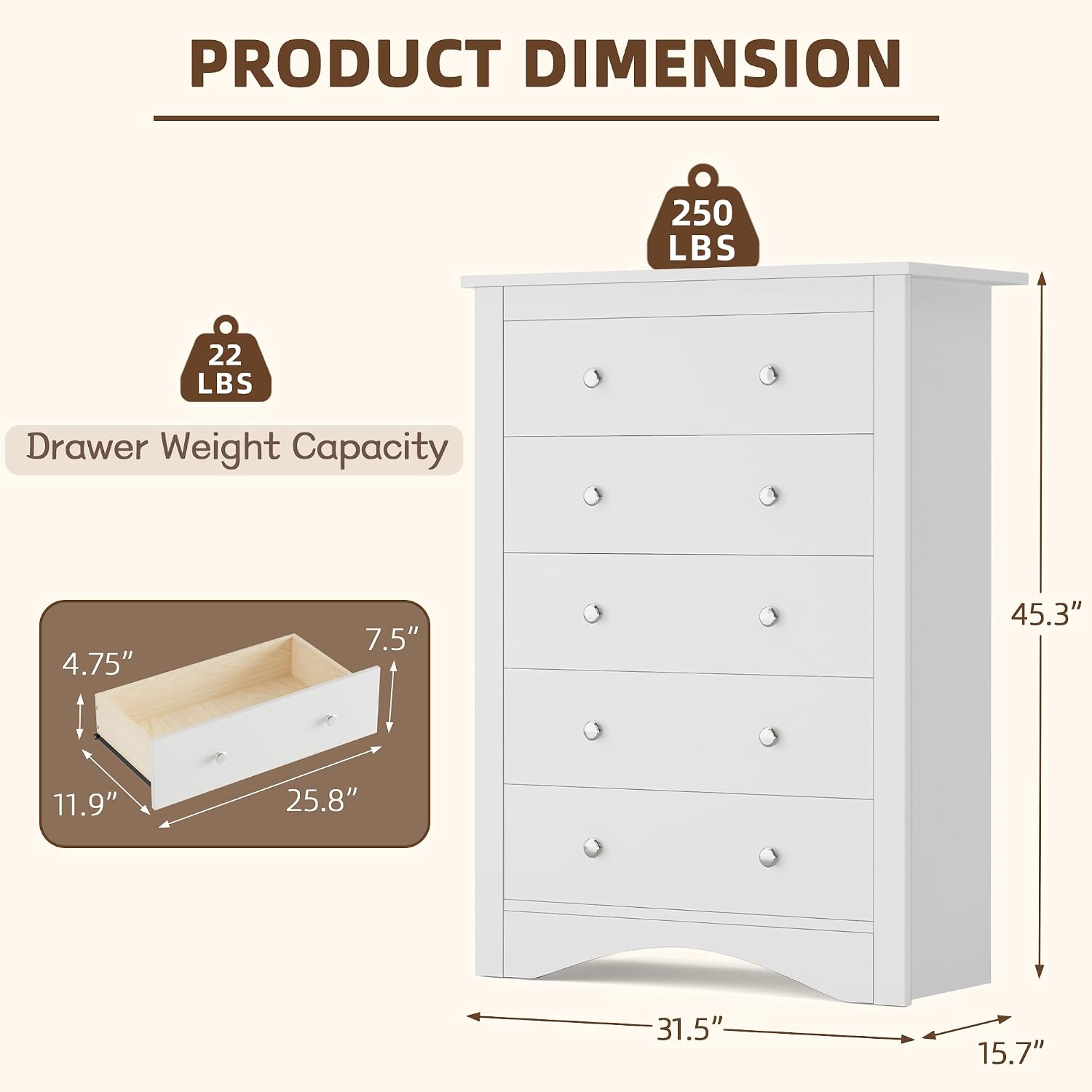 YESHOMY Tall Dresser for Bedroom with 5 Drawers, Modern Chest of Drawers, Wooden Dressers, TV Stand for Living Room,Closet, Hallway (Warm White)