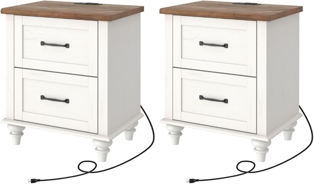 WAMPAT Set of 2 Night Stands with 2 Drawers, Mid-Century Modern Nightstands with Charging Station, Off White Bedside Table Light Wood End Tables for Bedroom
