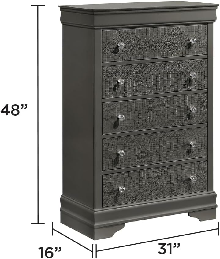 Upholstered 5 Pc Full Bedroom Set with LED Headboard Made with Wood in Metallic Gray