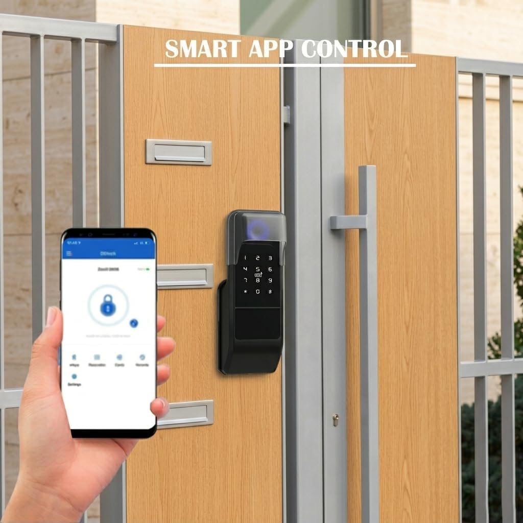 Smart Latch Double Side Gate Lock, Keyless Fingerprint Rim Lock with Keypad, Password & IC Card - Waterproof Electronic Digital Door Deadbolt for Outdoor Fence (Black Waterproof)