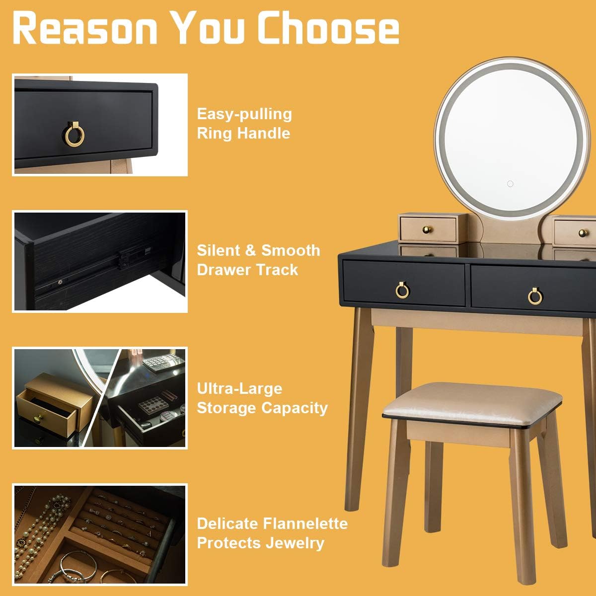 CHARMAID Vanity Desk with Lighted Mirror, Black Makeup Vanity Table with 4 Storage Drawers, 3 Lighting Modes, Solid Wood Legs, Modern Dressing Table with Vanity Stool for Small Bedroom