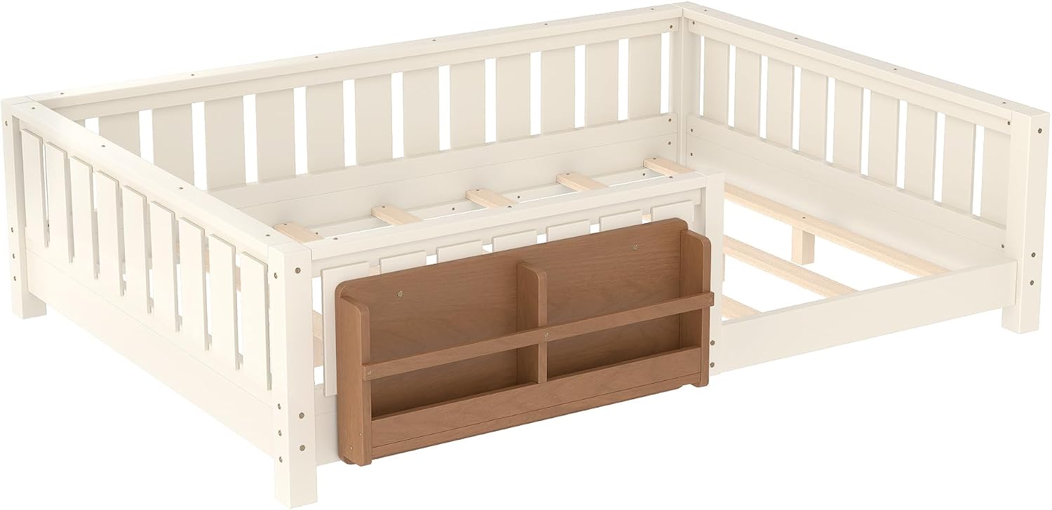 Bellemave Beige Montessori Floor Bed with Fence and Slats, Full Size Montessori Floor Bed with Bookcase and High Rails, Easy Assemble Bed Frame for Girls, Boys, Full