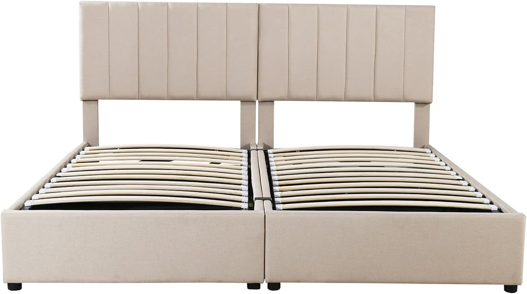 VilroCaz King Size Upholstered Platform Bed with Hydraulic Storage System, Upholstered Linen Platform Bed with Height-Adjustable Channel Tufted Headboard, Sturdy Slats Support (Beige-12.11)