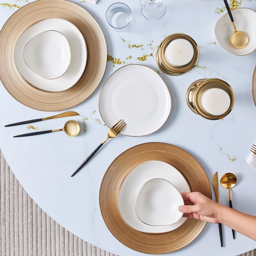 Karaca Streamline Middle 12-Piece New Generation Bone China Dinnerware Set - Kitchen Dishware Dining Set for 4 People - White and Gold Plates and Bowls Set