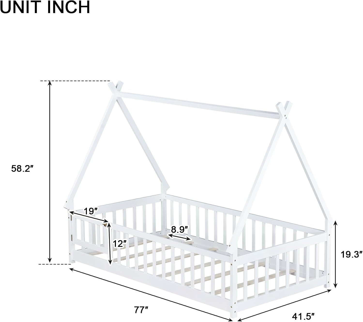 Bellemave Twin Size Tent Floor Bed for Kids,Solid Wood Teepee Montessori Floor Bed Frame with Door and Slats for Girls Boys(Twin,White)