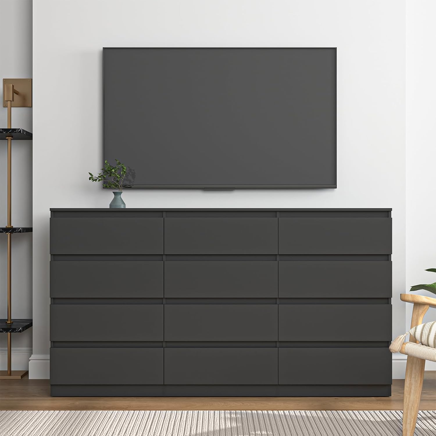 Black 12 Drawer Dresser for Bedroom,Modern Long Deep Drawer Dresser,Wood Storage Chest of Drawer, Storage Organizer Drawers for Bedroom