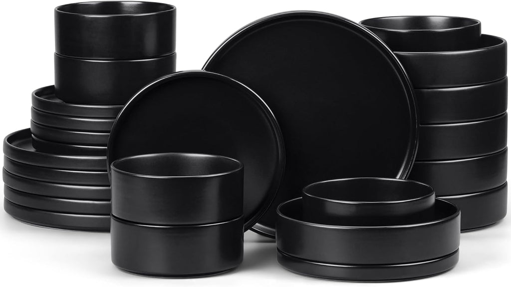 E-far Black Dinnerware Sets with Pasta Bowls, 24-Piece Stoneware Plates and Bowls Sets for 6 | Microwave & Dishwasher Safe Kitchen Modern Dish Set, Matte Black