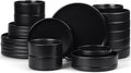 E-far Black Dinnerware Sets with Pasta Bowls, 24-Piece Stoneware Plates and Bowls Sets for 6 | Microwave & Dishwasher Safe Kitchen Modern Dish Set, Matte Black