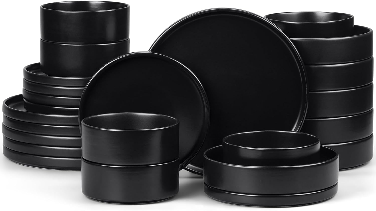 E-far Black Dinnerware Sets with Pasta Bowls, 24-Piece Stoneware Plates and Bowls Sets for 6 | Microwave & Dishwasher Safe Kitchen Modern Dish Set, Matte Black