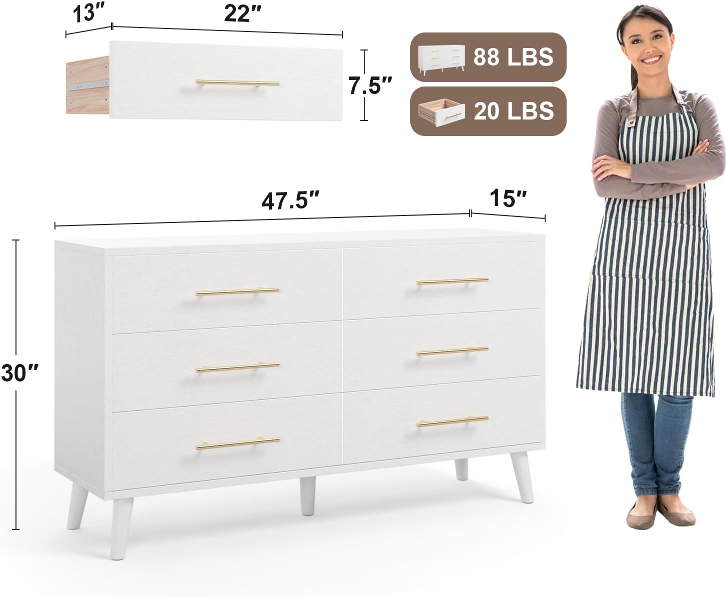 Ahomly 6 Drawer Dresser for Bedroom, 47.5' Wide Chest of Drawers with Metal Handles and Anti-Tip Kit, Large Capacity Storage Dresser for Living Room, Entryway, or Nursery, White