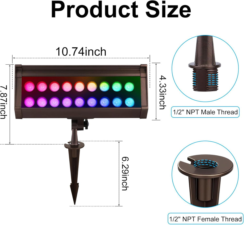 RGB Flood Lights Outdoor, 12V 9W LED Wired RGB Color Changing Low Voltage Landscape Flood Lighting for Outdoor Wall Washer House Uplight Tree, 1/2' NPT Threaded with Stake, Bronze, ETL, 4PK