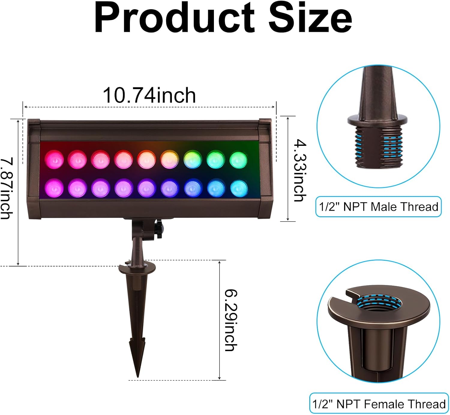 RGB Flood Lights Outdoor, 12V 9W LED Wired RGB Color Changing Low Voltage Landscape Flood Lighting for Outdoor Wall Washer House Uplight Tree, 1/2' NPT Threaded with Stake, Bronze, ETL, 4PK