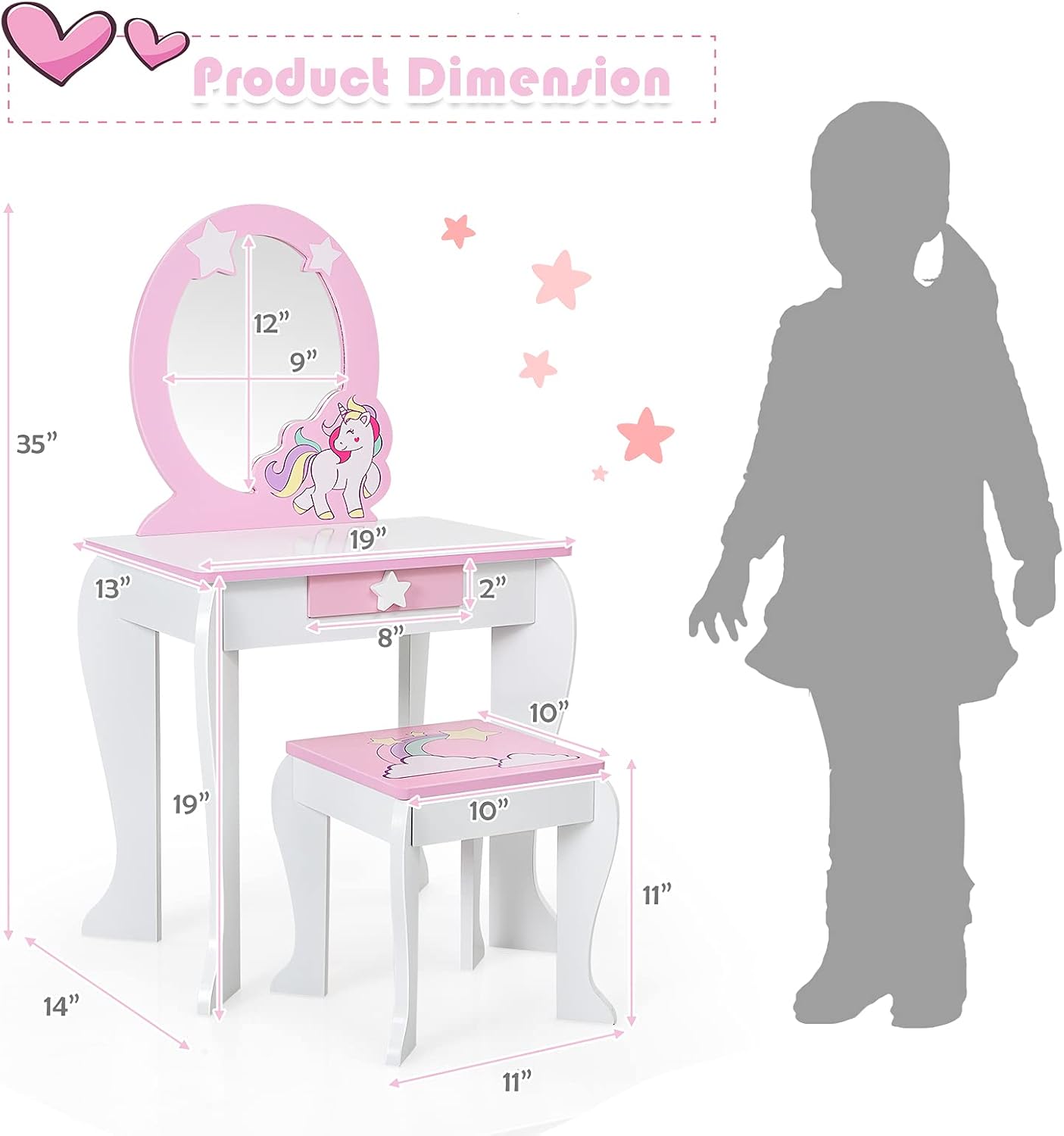 GLACER Kids Vanity & Kids Jewelry Armoire, Princess Little Girls Vanity, Standing Children Jewelry Organizer w/Full-Length Mirror & Foldable Drawers, Adjustable Angles, Kids Bedroom Set (White)