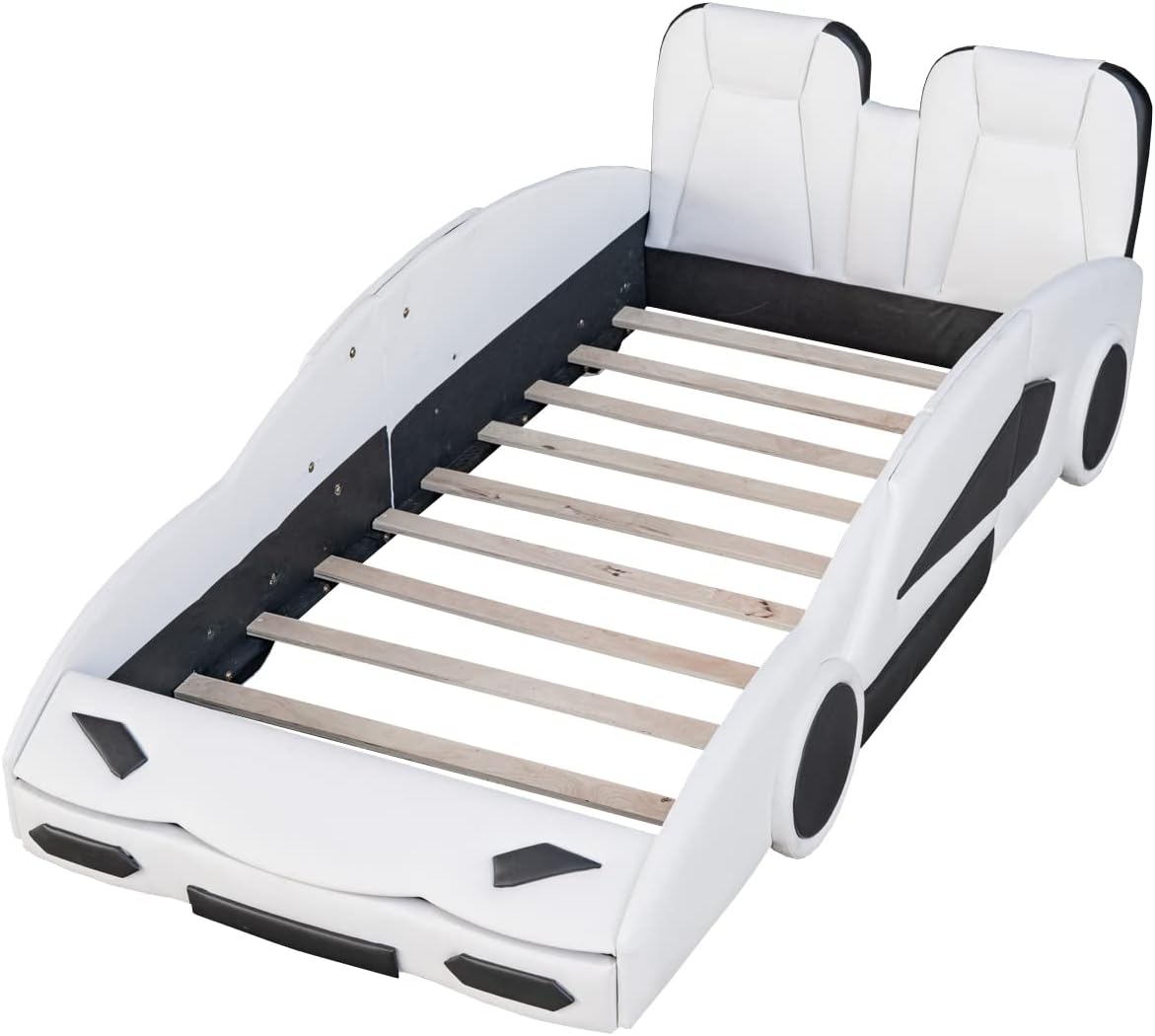 Twin Size Race Car-Shaped Platform Bed with Decorative Wheels and Seat Backrest,Wooden Platform Bed Frame and Wood Slat Support for Kids Teens Boys Girls Bedroom Furniture,White