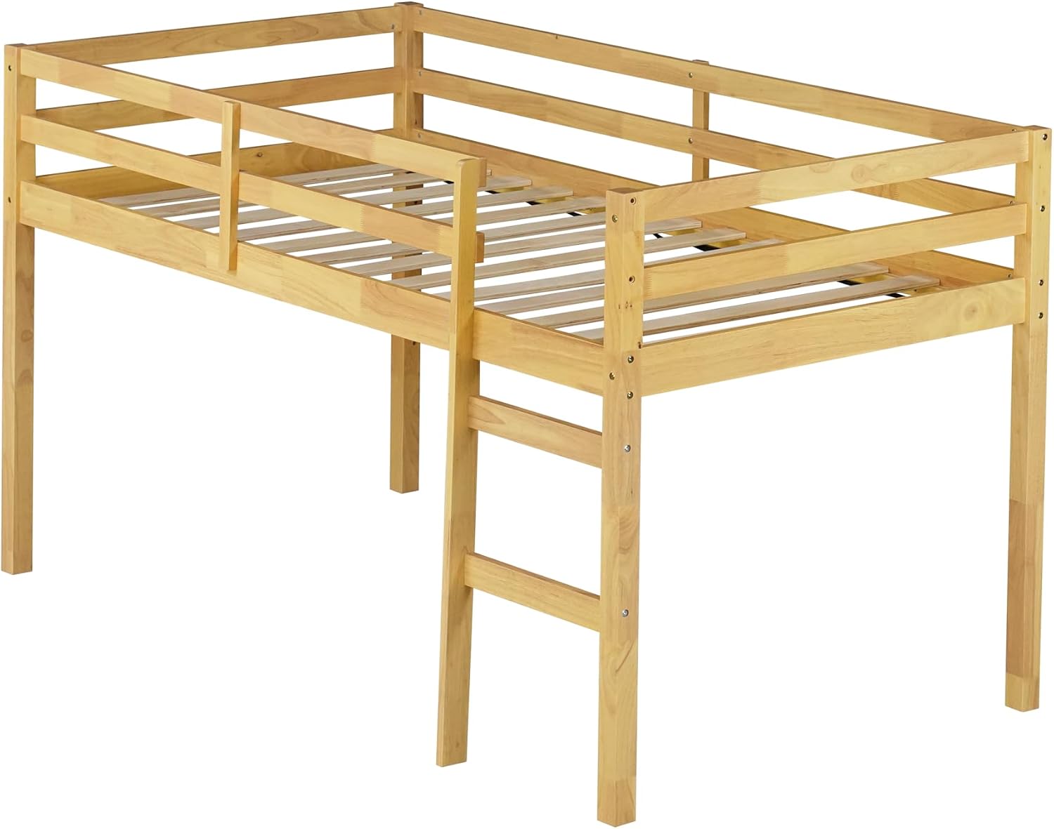 JIVOIT Twin Size Loft Bed with Ladder, Solid Rubber Wooden Low Height Loft Bed, Bed Platform of Strengthened Slats, No Box Spring Needed (Natural//14)
