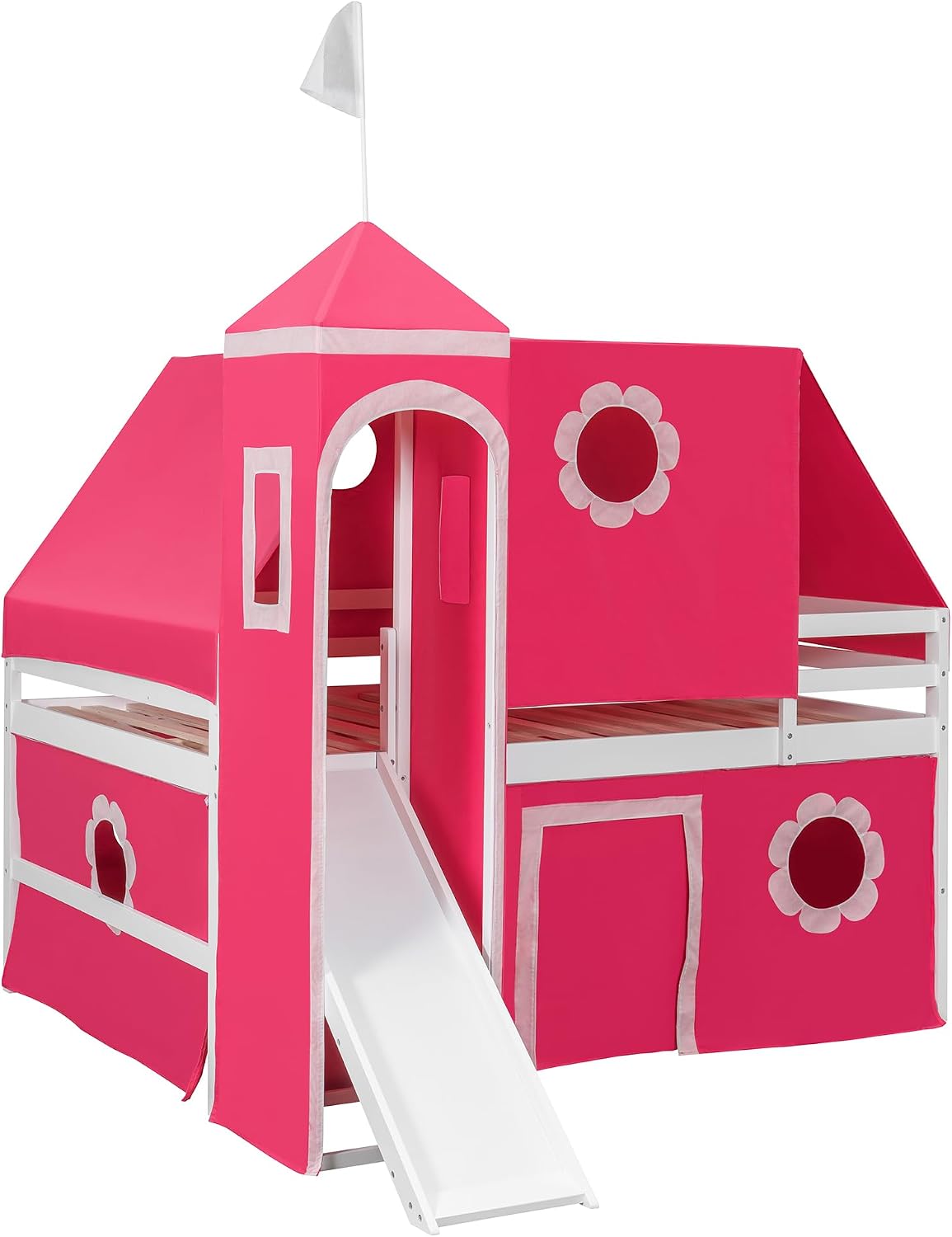 Pink Loft Bed with Slide and Play Tent Full Size Castle Themed Kids Bed with Tower Playhouse Design for Girls Bedroom Furniture