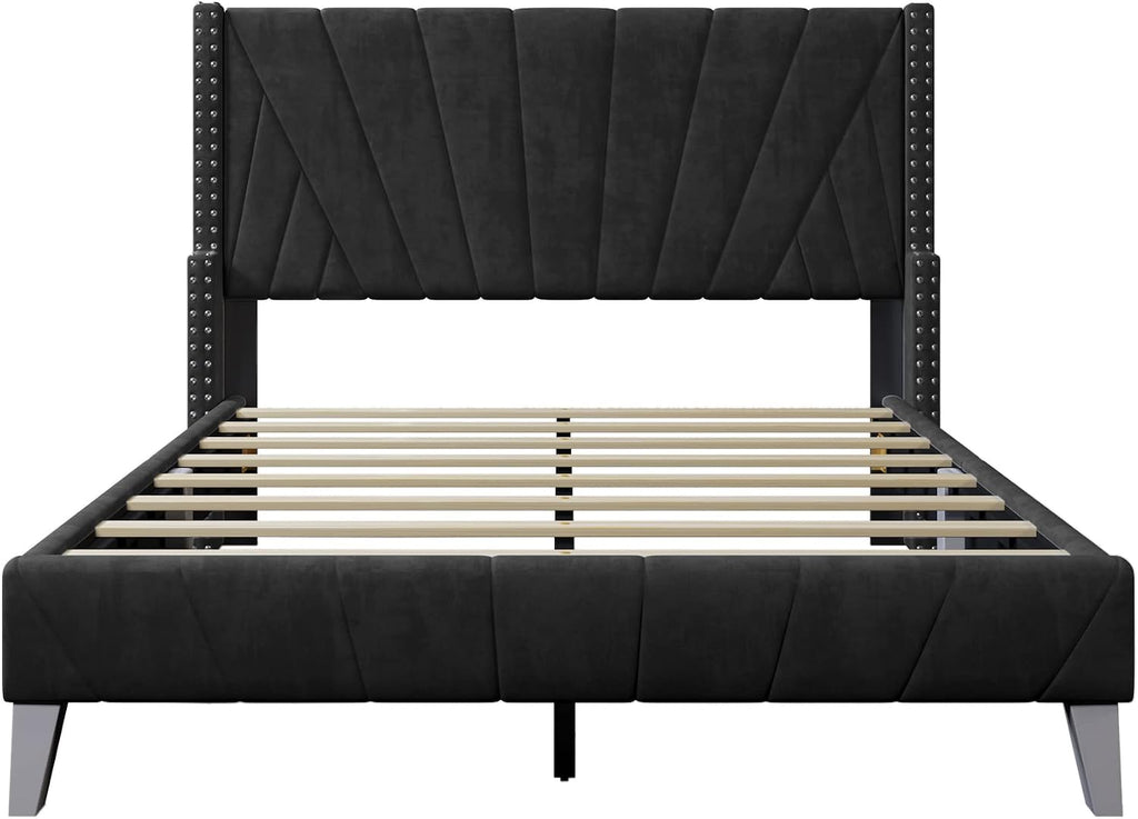 3 Pieces Velvet Bedroom Set with Full Upholstered Bed and Two Nightstand, Contemporary Furniture Set for Bedroom Living Room (Black+3 Pieces+Full)