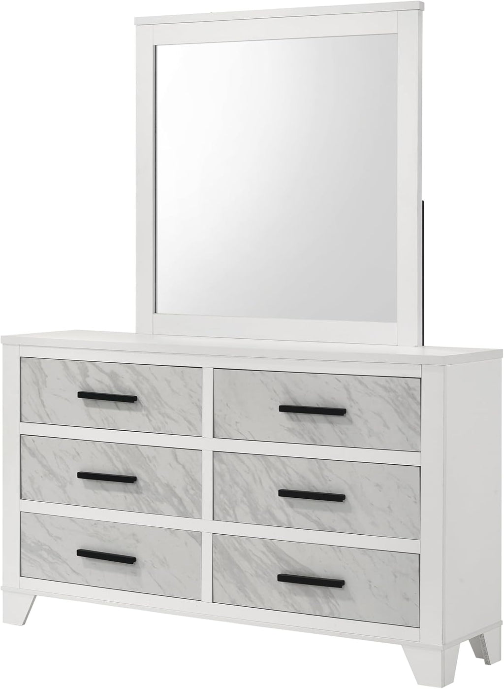 Furniture of America Anton Modern Solid Wood 6-Piece Bedroom Set with Faux Marble Headboard Bed, Metal Center Glide on Nightstands, Chest and Dresser with Mirror, Box Spring Needed, Full, White
