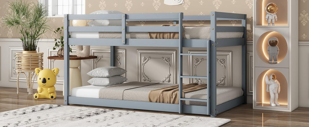 Ball & Cast Twin Over Twin Bunk Bed,Solid Rubber Wooden Low Floor Platform Bed with Ladder and Full Length Guardrail,Slat Support,Bedroom Furniture for Girls Boys,Grey