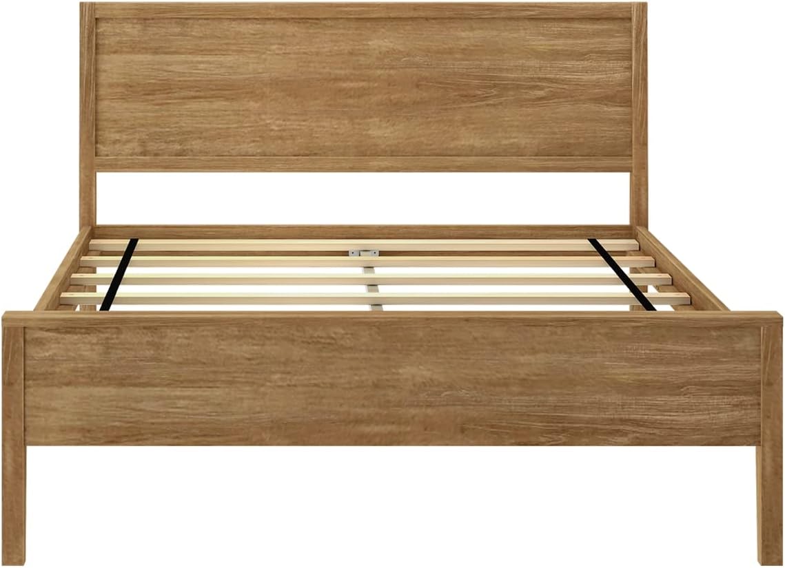 Max & Lily Full Bed, Solid Wood Full Bed Frame with Panel Headboard, Kids Full Bed with Wood Slat Support, No Box Spring Needed, Pecan