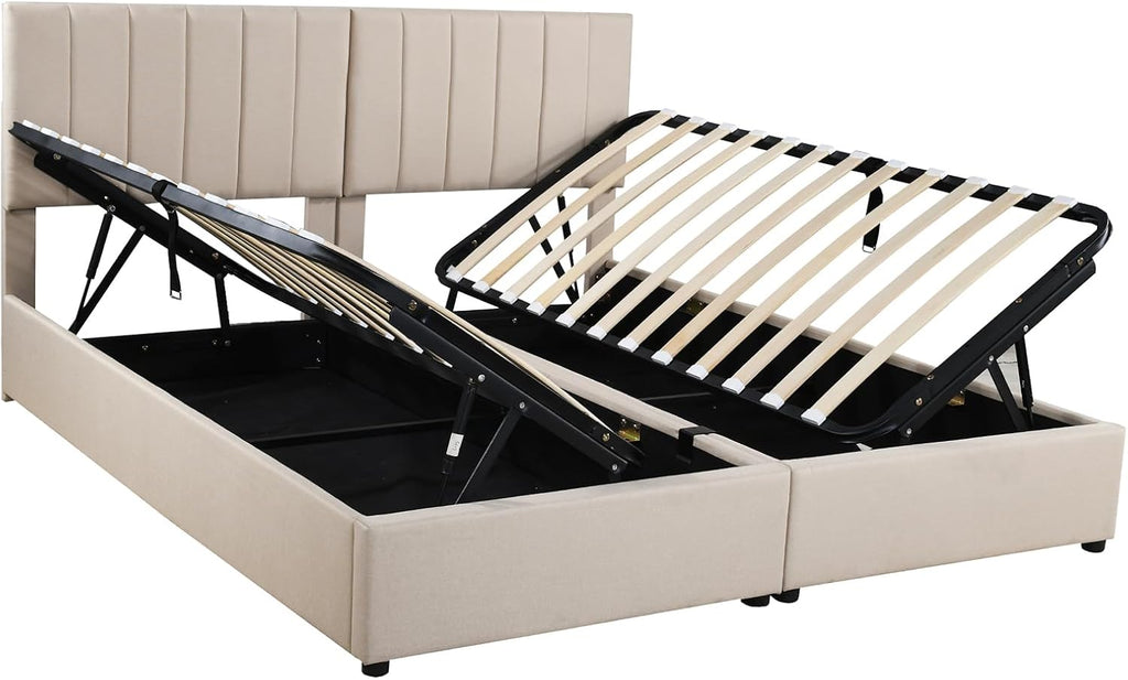 VilroCaz King Size Upholstered Platform Bed with Hydraulic Storage System, Upholstered Linen Platform Bed with Height-Adjustable Channel Tufted Headboard, Sturdy Slats Support (Beige-12.11)