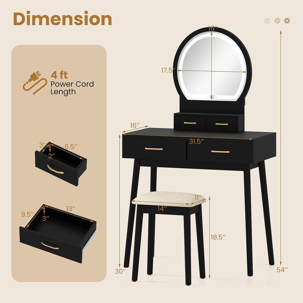 CHARMAID Vanity Desk with Mirror and Lights, Modern Makeup Vanity Table with 4 Drawers, 3-Color Dimmable LED Mirror, Girls Dressing Table and Stool Set for Small Bedroom (Black)